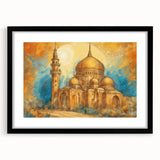 Extra large colorful abstract art print of a Middle Eastern scenery in a black frame, ideal for living room decor.
