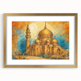 Extra large abstract art print depicting a textured Middle Eastern landscape in gold and earth tones, framed with a mat.