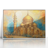 Acrylic print of a serene Middle Eastern landscape in muted earth tones, framed in white, suitable for modern art wall decor.