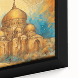 Extra large framed canvas featuring a textured, colorful depiction of a Middle Eastern scenery, ideal for living room decor.