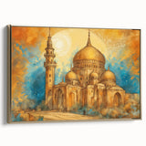 Framed canvas depicting a vintage Middle Eastern landscape in gold and black tones, ideal for bedroom wall art.