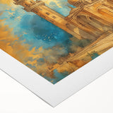 Art deco poster depicting a Middle Eastern scenery in muted earth tones on a rolled canvas, suited for dining room decor.