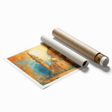 Extra large rolled print of a Middle Eastern landscape with floral elements in muted earth tones.