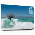 Acrylic print of the Dead Sea in Israel, featuring muted blue and beige tones, ideal for dining room decor.
