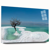 Acrylic print of the Dead Sea with muted blue and beige tones, ideal for bedroom or dining room art.