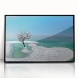 Large abstract wall art of the Dead Sea in muted blue and white tones, framed in black acrylic.