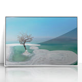 Acrylic print of Dead Sea landscape in muted blues and whites, framed in white, suitable for modern art wall decor.