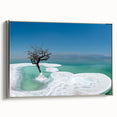 Framed canvas landscape art painting of the Dead Sea with a vintage poster style in a black and colorful art palette.