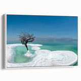 Vintage poster art of the Dead Sea landscape in vibrant colors on a large framed canvas, ideal for living room decor.