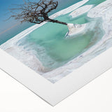 Art deco poster of the Dead Sea in muted blue and beige tones on rolled canvas, suitable for dining room decor.