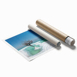 Extra large rolled canvas print of the Dead Sea in muted blue tones, ideal for classy bathroom wall art.