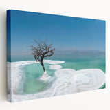 Large canvas print depicting the Dead Sea landscape in muted blues and grays, ideal for kitchen wall art.