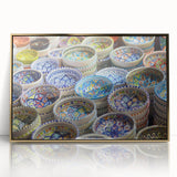 Mid-century modernist style acrylic print of Jerusalem scenery in gold tones, ideal for modern art wall decor.