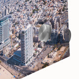 Large abstract wall art of Tel Aviv skyline in pastel shades on acrylic glass, ideal for dining room art.