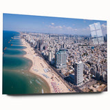 Large abstract wall art of Tel Aviv skyline in muted blue and gray tones on acrylic glass.