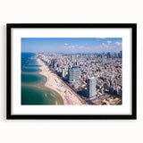 Extra large abstract art print of Tel Aviv skyline in vibrant, colorful hues on a textured canvas, framed with a black mat.