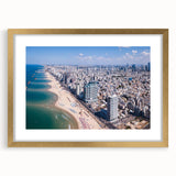 Extra large abstract art print of Tel Aviv skyline in textured gold frame, suitable for living room decor.