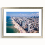 Textured abstract art print of Tel Aviv skyline in muted earth tones on a silver-framed canvas, suitable for bedroom art.