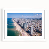 Abstract art print of Tel Aviv skyline in muted gray and blue tones on a framed white mat, suitable for dining room decor.