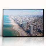 Large abstract wall art of Tel Aviv skyline in muted earth tones on framed acrylic, suitable for modern art wall decor.