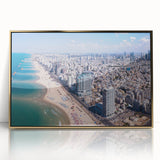 Large art print of Tel Aviv skyline in muted gold tones on framed acrylic, ideal for modern art wall decor.