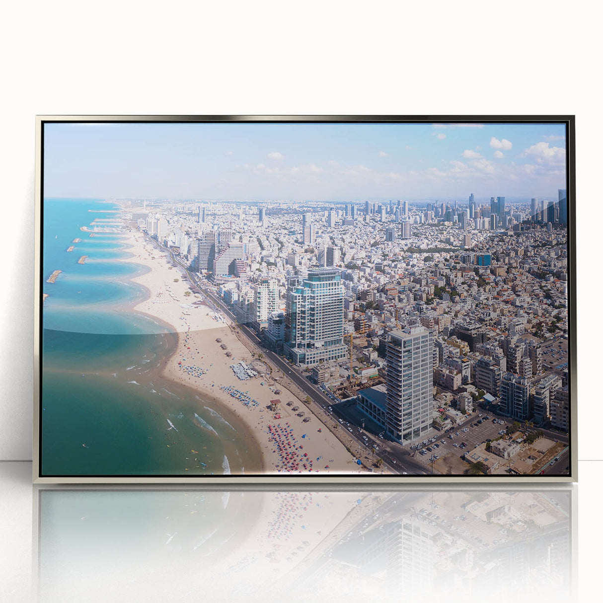 Mid-century modernist art of Tel Aviv skyline in muted gray and blue tones on a framed acrylic print.