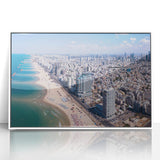 Framed acrylic print of Tel Aviv skyline in art deco style with soft pastel colors, suitable for modern nursery decor.