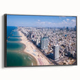 Black and white landscape art painting of Tel Aviv on framed canvas, suitable for bedroom wall art in vintage poster style.