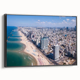 Black and white landscape art painting of Tel Aviv on framed canvas, suitable for bedroom wall art in vintage poster style.