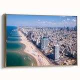 Framed canvas of Tel Aviv landscape in vintage poster style with black and gold tones, suitable for bedroom wall art.
