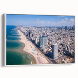 Vintage poster art of Tel Aviv skyline in vibrant colors on a large framed canvas, ideal for living room decor.