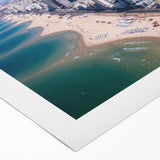 Art deco poster of Tel Aviv skyline in muted gold and blue tones on rolled canvas, suitable for dining room wall art.