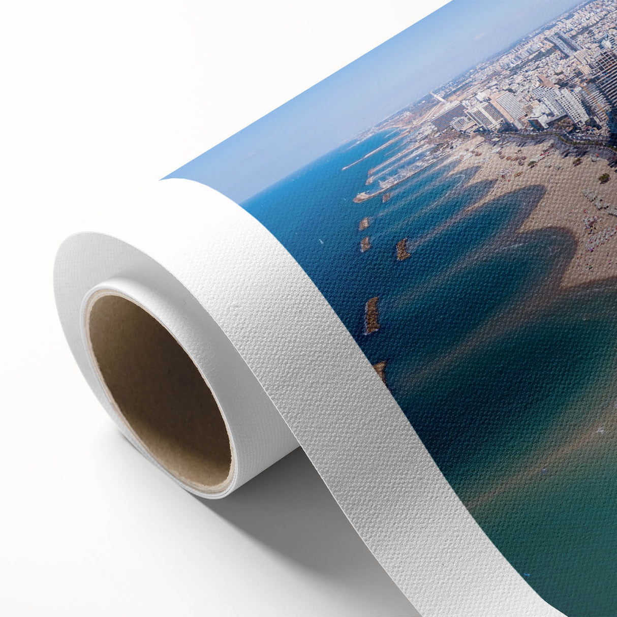 Art deco poster of Tel Aviv skyline in pastel shades on rolled canvas, ideal for nursery wall art.