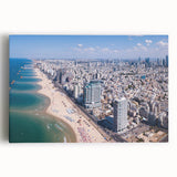Large black and white stretched canvas of Tel Aviv skyline, ideal for kitchen wall art.