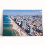 Black and white stretched canvas of Tel Aviv skyline, ideal for kitchen wall art or bedroom ambiance.