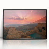 Large abstract wall art depicting a Middle Eastern scenery in muted earth tones on a framed acrylic.