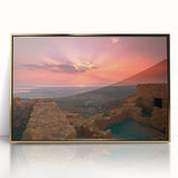 Mid-century modernist art of Middle Eastern scenery in gold tones, framed acrylic print, suitable for nursery wall art.