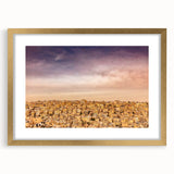 Extra large abstract art print featuring textured scenery of Jordan, in gold frame with mat, ideal for living room decor.