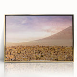 Mid-century modernist style large art print of a Jordanian landscape in gold and earth tones, acrylic framed.