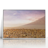 Art deco poster of a Middle Eastern Jordanian landscape in muted earth tones on a white framed acrylic.