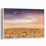 Vintage poster art of a Middle Eastern Jordanian scenery in vibrant colors on a large framed canvas.