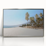 Mid-century modernist art depicting a Middle Eastern Oman scenery in muted earth tones on a silver-framed acrylic.