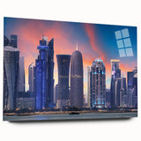 Large abstract wall art of Qatar scenery in muted earth tones on acrylic glass, ideal for bedroom or dining room decor.