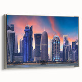 Framed canvas featuring a vintage-style landscape art painting of a Middle Eastern Qatar scenery in muted earth tones.