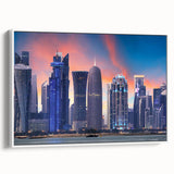 Vintage poster art of a Middle Eastern Qatar scenery on a large framed canvas with colorful accents.