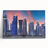 Black and white photo of Qatar skyline on stretched canvas, ideal for kitchen wall art or bedroom ambiance.