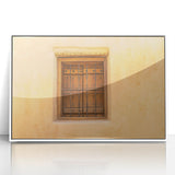 Framed acrylic print of a stylized Saudi Arabian landscape in art deco style, using muted earth tones.