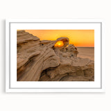 Abstract art print depicting the Abu Dhabi skyline in muted gray and blue tones on a framed white mat.