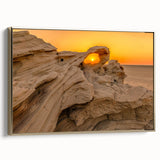 Framed canvas featuring a serene Abu Dhabi landscape in muted gold and black tones, ideal for bedroom wall art.