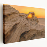 Panoramic view of Abu Dhabi skyline on large stretched canvas in muted earth tones, ideal for kitchen wall art.